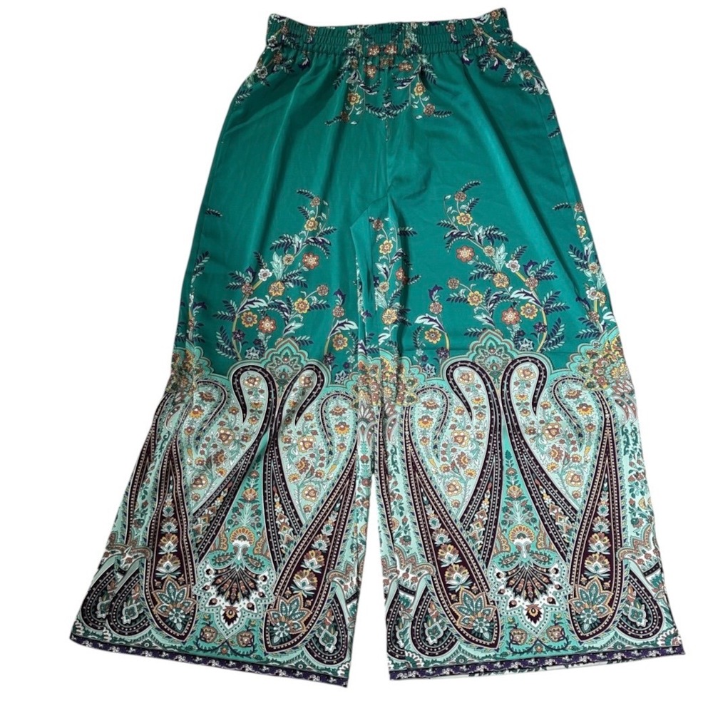Rachel Zoe Womens Teal Paisley Wide Leg Pants Size M Altered to 5'1 Height |0356